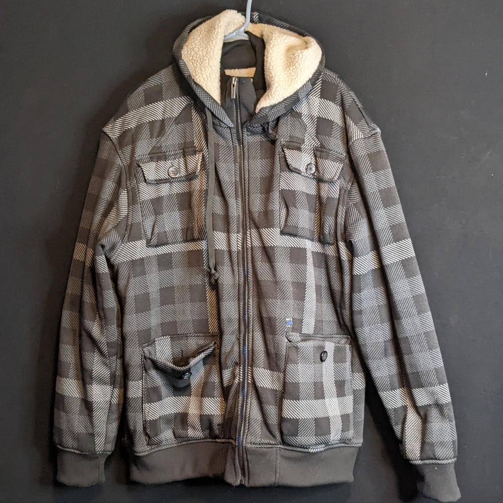 Moto Jeans Blue Plaid Fleeced Lined Hooded Men's XL Winter Coat